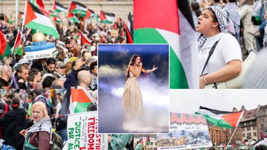 Malmės centre minia protestuoja prieš Izraelio dalyvavimą „Eurovizijoje“ : plevėsuoja Palestinos vėliavos, aidi skanduotės
