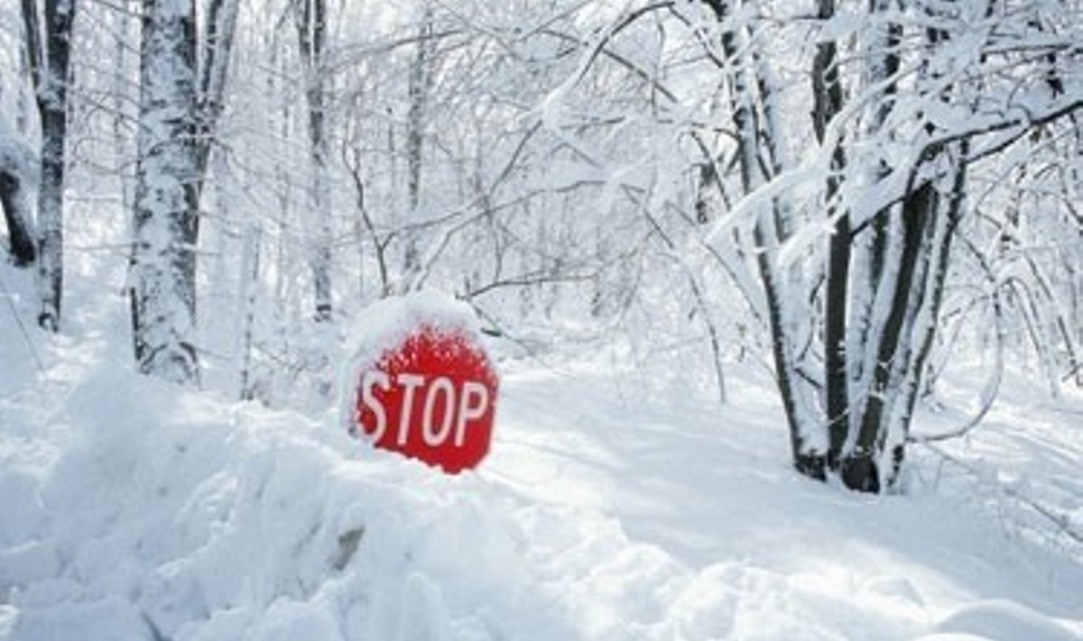 Žiema, sniegas, kelias, pūga, stop ženklas