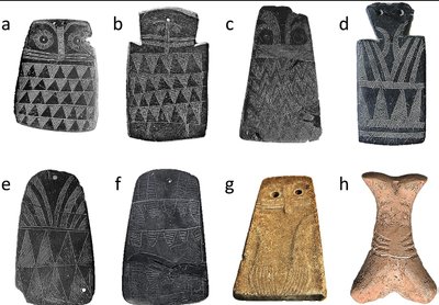Prieš maždaug 5000 metų gyvenusių vaikų raižiniai, kuriuose pavaizduota pelėda arba apuokas. Juan J. Negro et al. nuotr.
