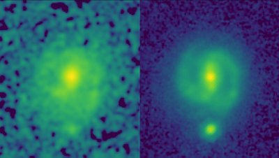 Viena iš dviejų tolimiausių skersėtų galaktikų, EGS23205. Kairėje – Hubble nuotrauka, kurioje galaktikos struktūros praktiškai nematyti. Dešinėje – James Webb daryta nuotrauka, kurioje skersė akivaizdi. Šaltinis: NASA/CEERS/University of Texas at Austin