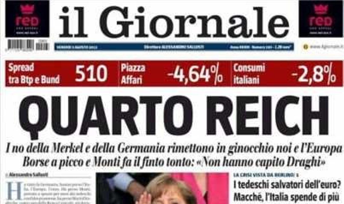 Italijos laikraščio "Il Giornale" pirmasis puslapis su ranką keliančia Angela Merkel