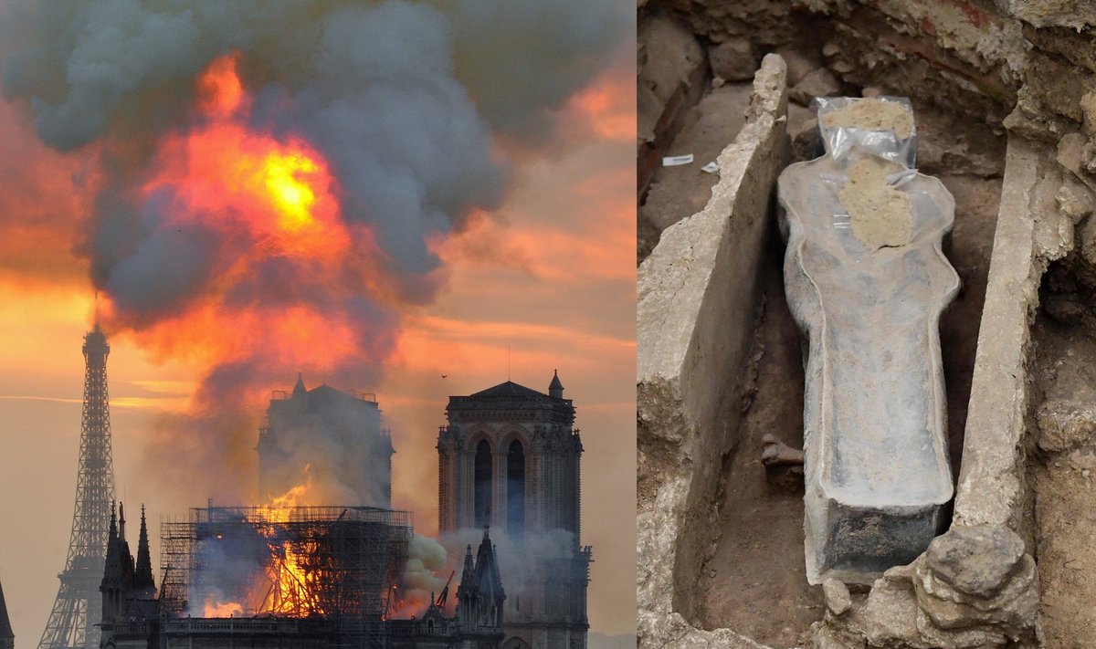 Paryžiaus Dievo Motinos katedroje po gaisro aptiktas švininis sarkofagas su žmogaus palaikais.