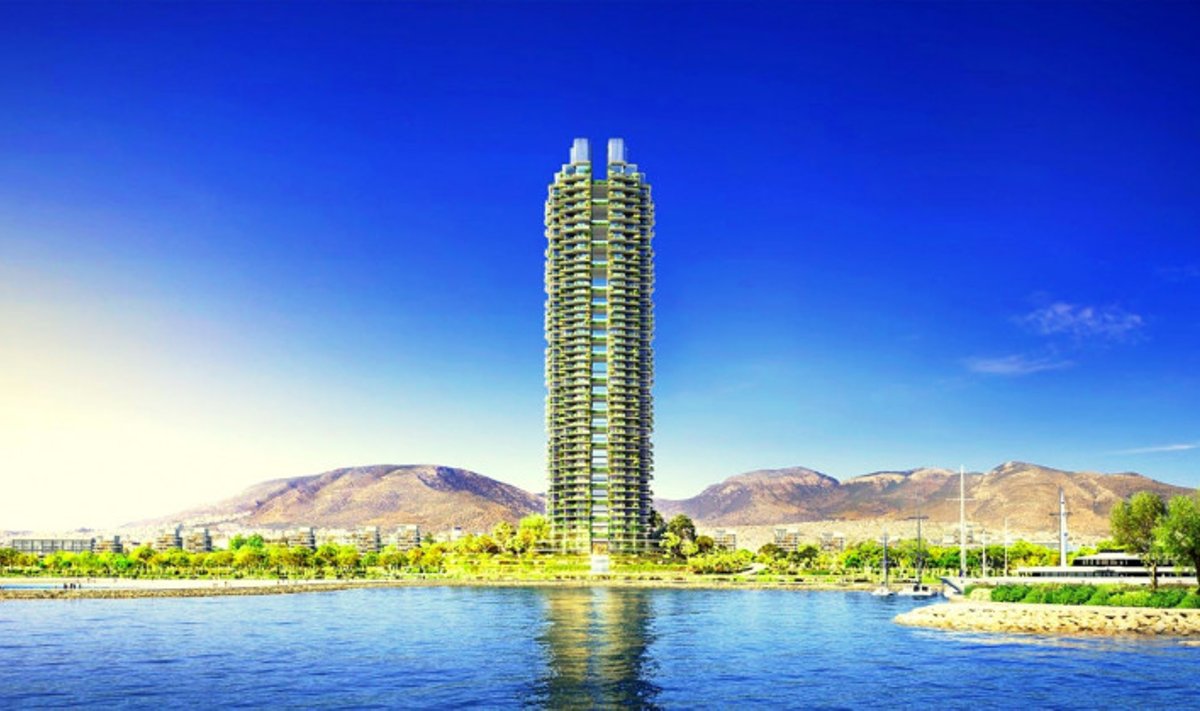 „Marina Tower“ nebus aukščiausias pastatas pasaulyje ar Europoje – toli nuo to. Tačiau galbūt jis pastūmės žaliąsias inovacijas statybose, net jei didžiausio augalo pasaulyje etiketė jam klijuojama juokais.  „Foster + Partners“ nuotr.