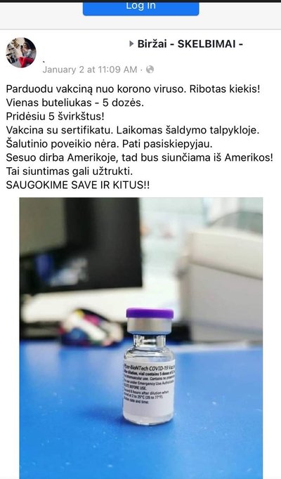 Sukčių skelbimas internete apie neva parduodamą vakciną nuo COVID-19
