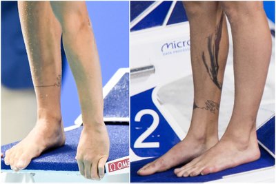 Rūtos Meilutytės tatuiruotės prieš metus (kairėje) ir dabar