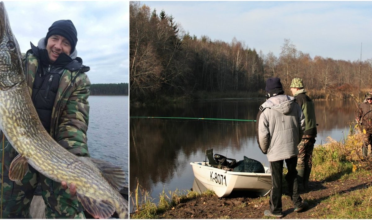 Meškeriotojas Algis su Molėtų rajono ežere pagauta lydeka (kairėje); Žvejai prie Angrių užtv. (dešinėje) 