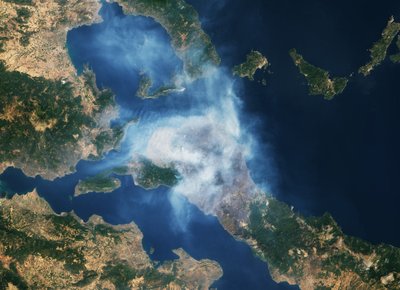Gaisro nuniokotos teritorijos Graikijoje. NASA nuotr.