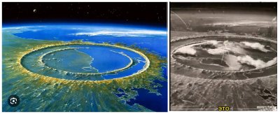 Графическая работа, созданная художником Детлевом ван Равенваем, иображает кратер Чиксулуб, появившийся в результате падения метеорита (слева); Фотомонтаж, используется в качестве доказательства того, что Земля - не сфера, а плоская (справа)