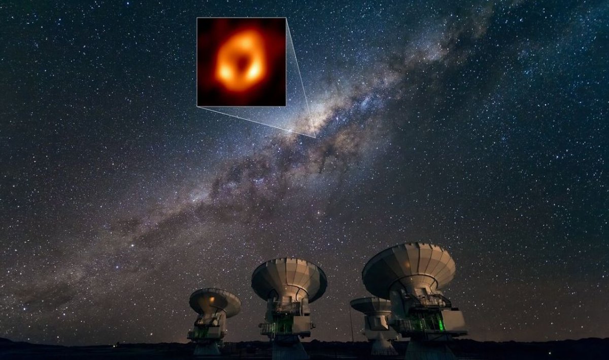 Paukščių Tako centrinė supermasyvi juodoji skylė, Šaulio A*, kartais sužimba kelių valandų trukmės žybsniais. EHT Collaboration, ESO/L. Calçada  ESO/José Francisco Salgado/M. Wielgus nuotr.(Acknowledgment: M. Wielgus)