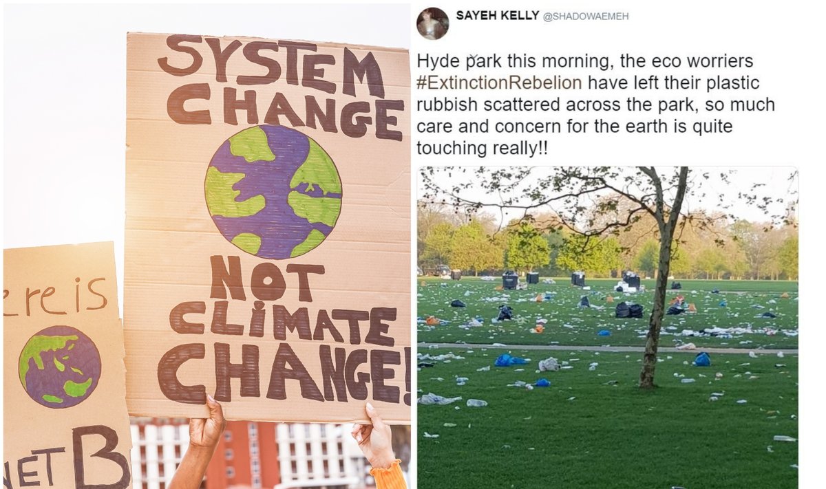 Kairėje - klimato aktyvistai; dešinėje - melaginga "Twitter" žinutė
