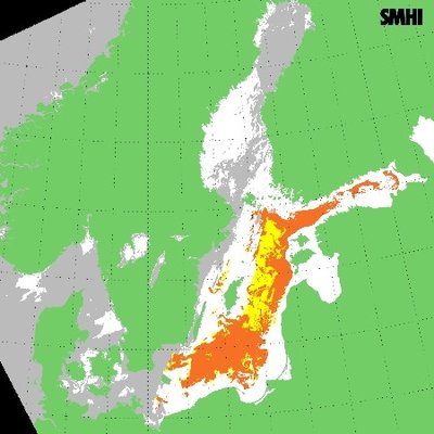 Grafiniame paveiksle oranžine spalva pažymėtos itin smarkiai žydinčios teritorijos,  geltona spalva – mažesnės koncentracijos, Švedijos meteorologijos ir hidrologijos instituto duomenys