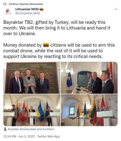 Твит министерства обороны Литвы, в котором подтверждается, что часть денег граждан пойдет на боеприпасы для купленного «Ванагаса». 