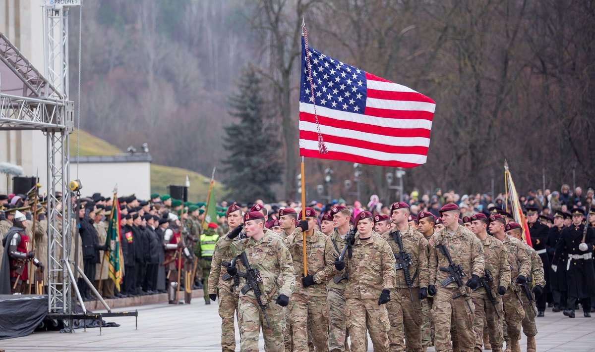 USA troops marching in the Cathedral Sq in Vilnius during the Army day