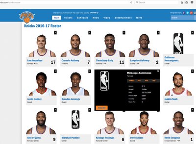 „Knicks“ sudėtis oficialioje NBA svetainėje (nba.com nuotr.)