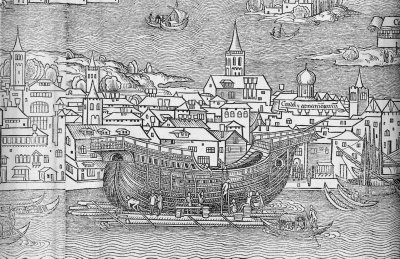 Laivų statyba Venecijoje. Bernhardo von Breidenbacho graviūra iš knygos „Peregrinatio in terram sanctam“, 1486 m.