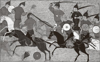Mongolų kariai persekioja priešus