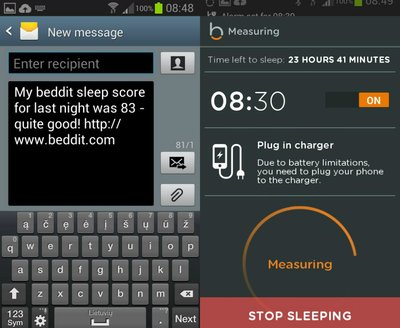 Apie savo „pasiekimus“ miego srityje galima pranešti draugams SMS, „Facebook“ arba „Twitter“ žinute; Programa išmintingai pataria prijungti telefoną prie elektros lizdo (iliustr. dešinėje). Žino, kad jis visos nakties greičiausiai neištvers.