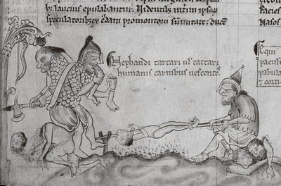 Mongolų siautėjimai Europoje. Jie vaizduoti kaip negailestingi kraugeriai ir žmogėdros. Piešinys iš XIII a. „Chronica Majora“
