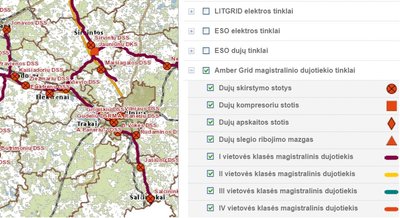 Amber Grid dujotiekių tinklas REGIA žemėlapyje