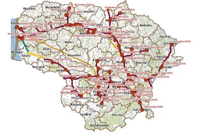Amber Grid dujotiekių tinklas REGIA žemėlapyje