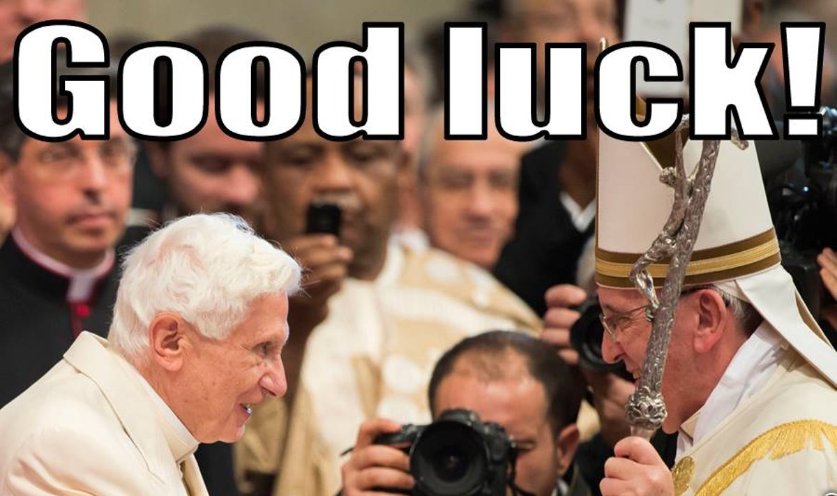 Popiežius emeritas Benediktas XVI ir popiežius Pranciškus 