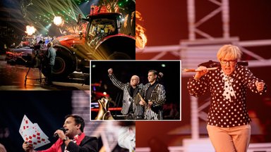 „Auksinių svogūnų“ filmavimui į Klaipėdos areną įvaryti du didžiuliai traktoriai: pašiepti ryškiausi metų skandalai publiką vertė leipti juokais