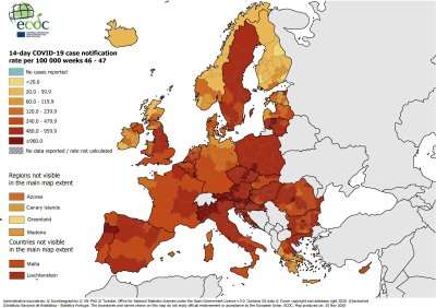 46–47 savaičių sergamumo koronavirusu duomenys Europoje