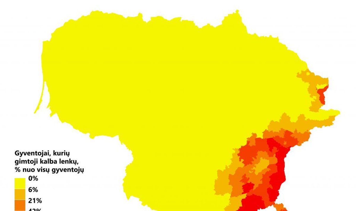 Polacy na Litwie w 2011 roku. Mapa: mapijoziai.lt
