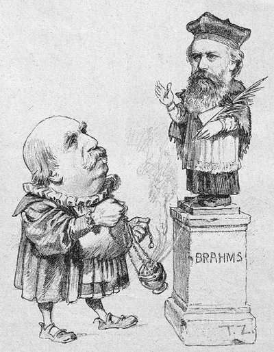 Eduardas Hanslickas garbina Brahmsą. Karikatūra iš Vienoje leisto žurnalo Figaro. 1890.Theo Zasche’s reprodukcija