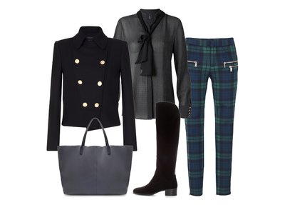 Kelnės, švarkas, rankinė ir batai „Zara“, palaidinė „Mango“.