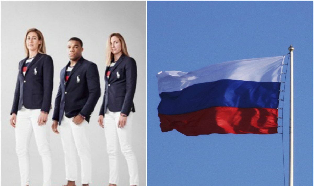 Paradinė JAV olimpiečių apranga ir Rusijos vėliava