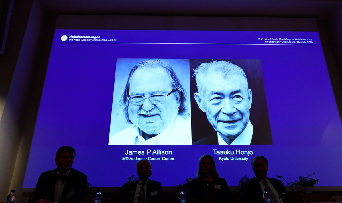 Nobelio premijos laureatai James P Allison ir Tasuku Honju