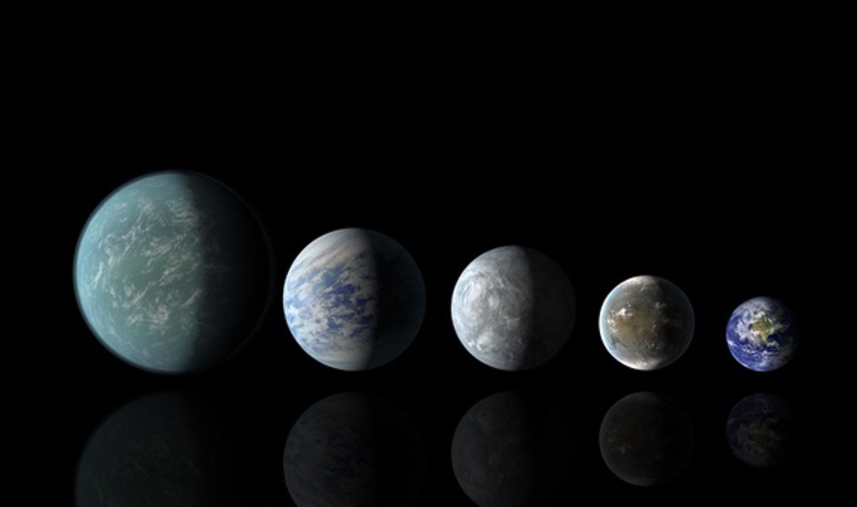 Menininko sukurtas planetų dydžių palyginimas iš kairės į dešinę: Kepler-22b, Kepler-69c, Kepler-62e, Kepler 62f ir Žemė