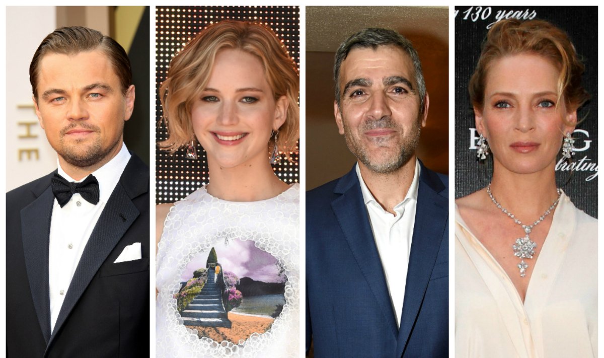 Leonardo DiCaprio, Jennifer Lawrence, George'as Clooney, Uma Thurman