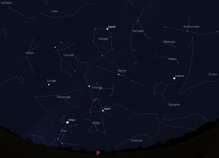 1 pav. Pietinės dangaus pusės žvaigždynai, vasario 15 d., 20 val.,  „Stellarium“ nuotr.