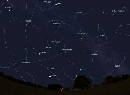 3 pav. Vakarinės dangaus pusės žvaigždynai, vasario 15 d., 20 val.,  „Stellarium“ nuotr.