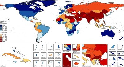 Mirčių siejamų su oro tarša žemėlapis. Lietuvos lygis toli lenkia Vakarų Europos ir Skandinavijos mirčių lygį, o artimai koreliuoja su Rusijos ir Azijos šalių duomenimis.