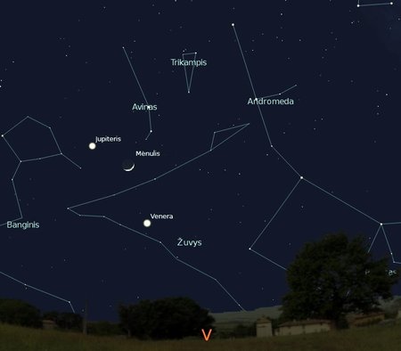 5 pav. Veneros, Jupiterio ir Mėnulio susitikimas, vasario 26 d., 20 val.,  „Stellarium“ nuotr.