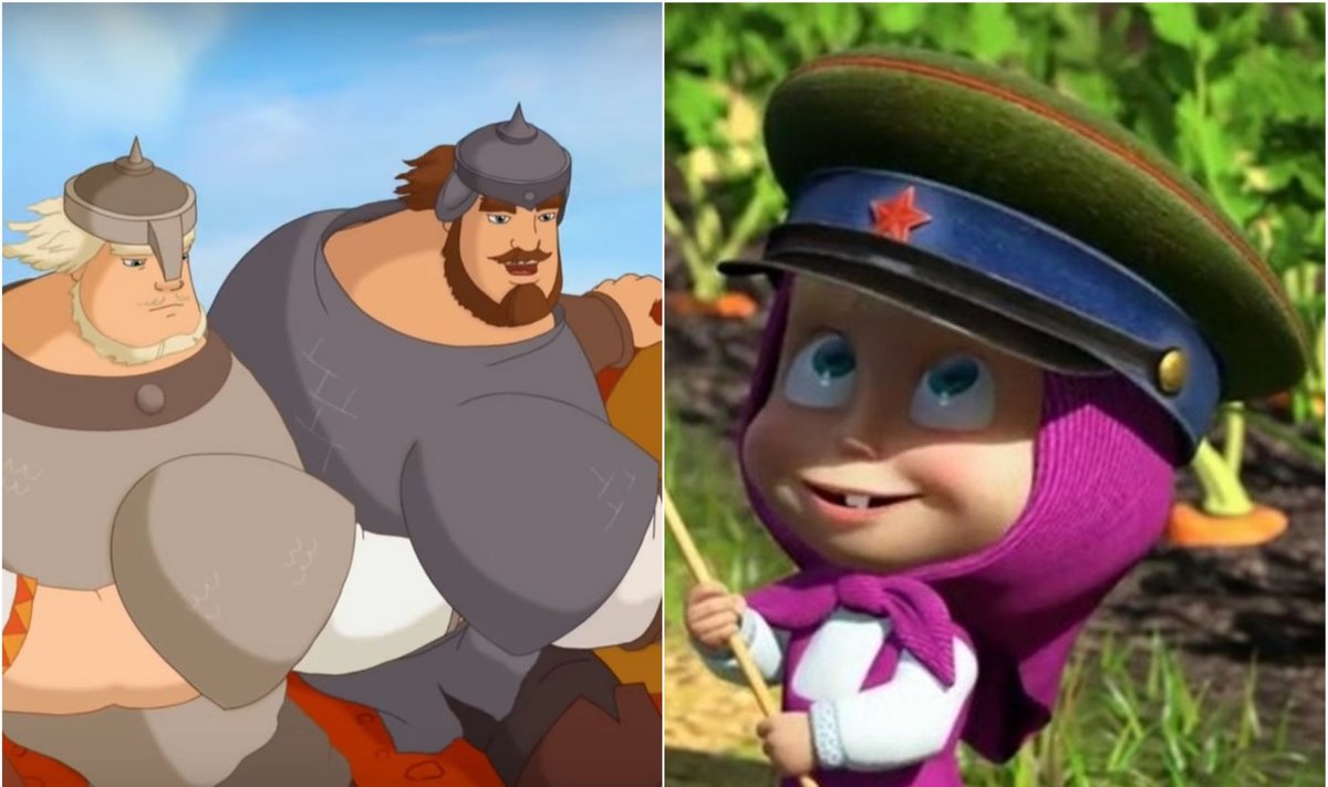 Kairėje - kadras iš animacinio filmo "Trys didvyriai", dešinėje - kadras iš animacinio filmo "Maša ir lokys"