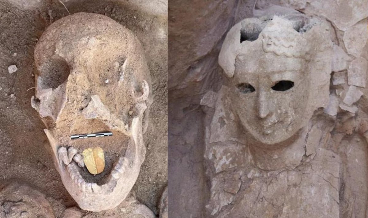 Archeologai Egipte aptiko kelias senovines mumijas, kurioms toje vietoje, kur turėjo būti liežuvis, buvo įdėtos auksinės plokštelės. The Egyptian Ministry of Tourism and Antiquities nuotr.