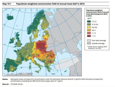 Benzpireno poveikio ES gyventojams žemėlapis. Lietuva išsiskiria iš Šiaurės ir Baltijos kaimynių ir siekia Lenkijos lygį pagal benzpireno poveikį žmonėms (raudonos zonos rytų Europoje ir Lietuvoje).