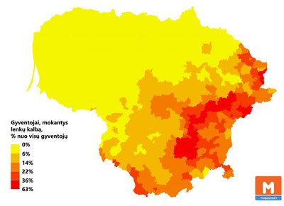 Mówiący po polsku nie licząc Polaków w 2011 roku. Mapa: mapijoziai.lt 