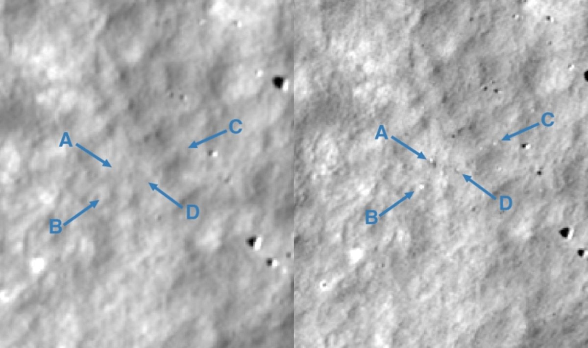 Rodyklėmis ir raidėmis ABCD pažymėta vieta, kurioje užfiksuoti pokyčiai Mėnulio paviršiuje. NASA/GSFC/Arizona State University nuotr.