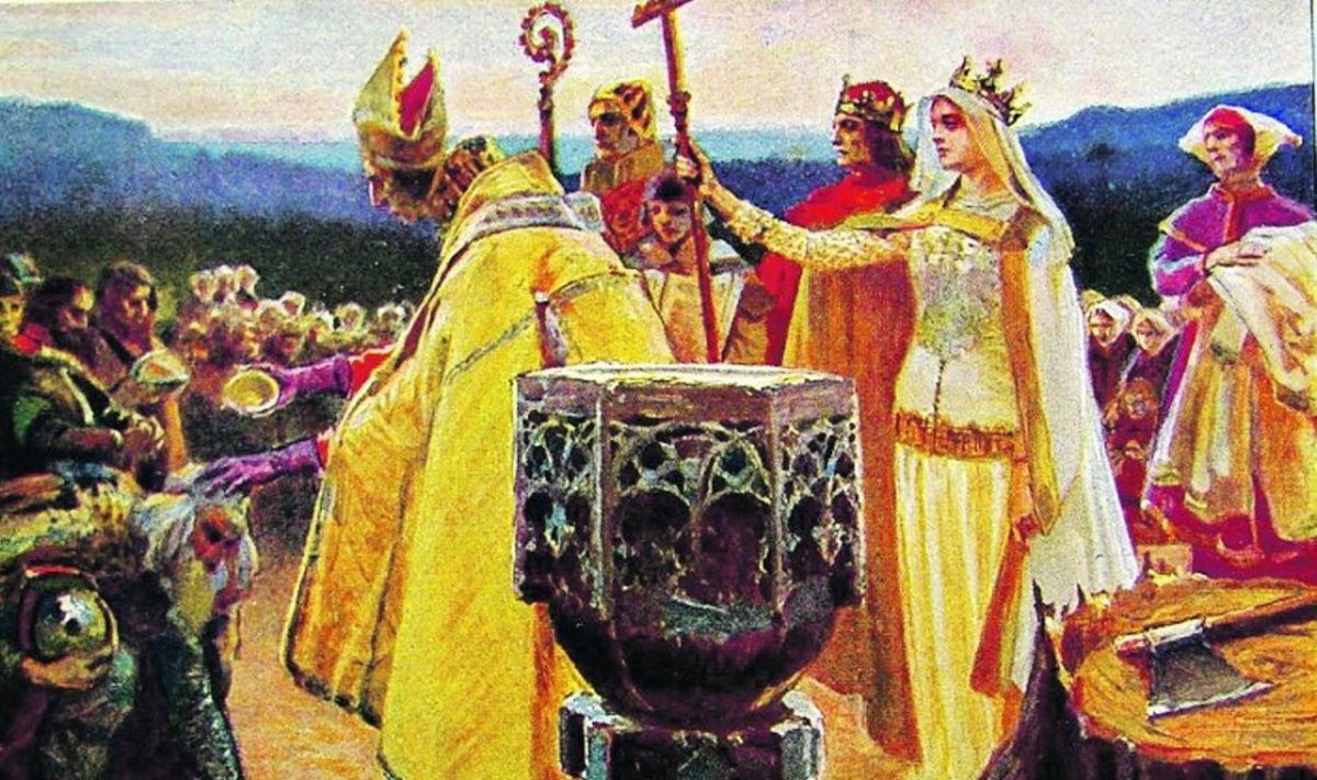 Dailininko Piotro Stachiewicziaus 1910 m. sukurtas paveikslas „Lenkijos karalienė Jadvyga krikštija Lietuvą“