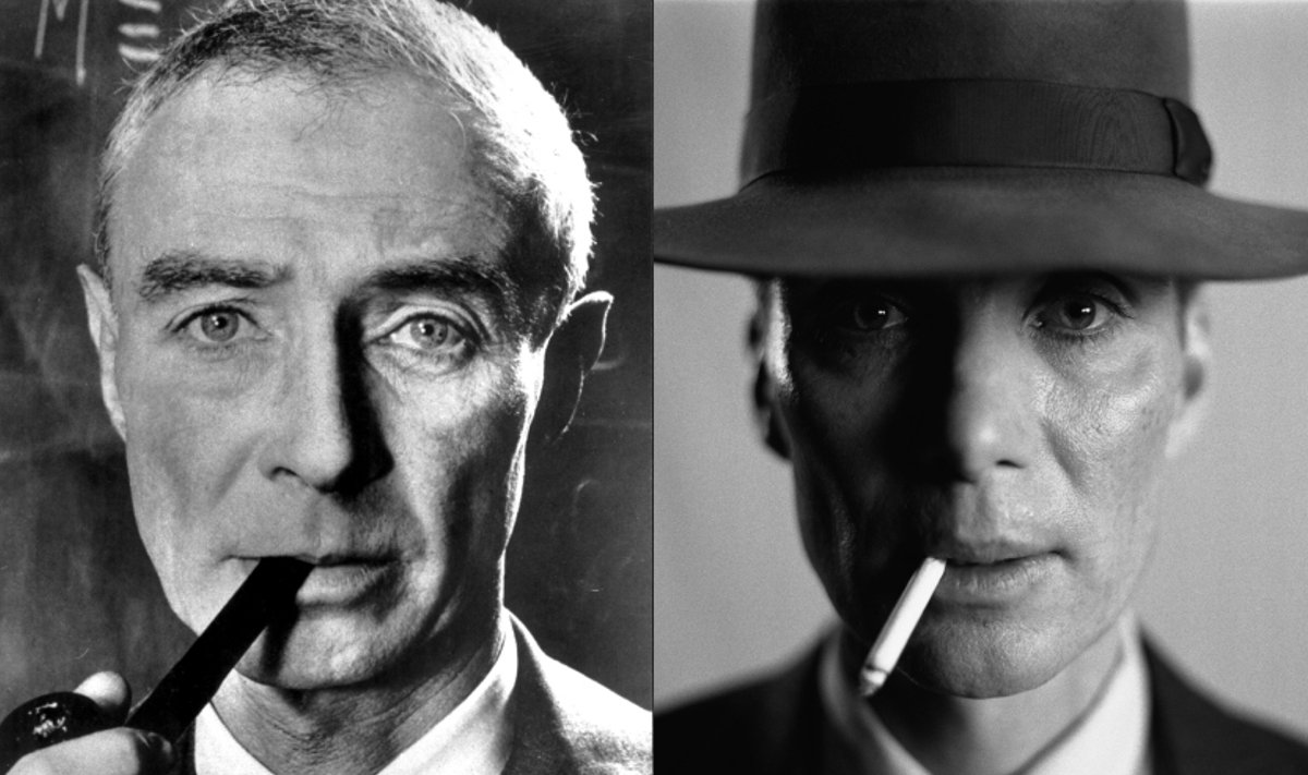 J. Robertą Oppenheimerį (kairėje) naujame Christopherio Nolano režisuotame biografiniame filme vaidina Cillianas Murphy (dešinėje). Scapix/VidaPress/Universal Pictures/CAP/TFS nuotr.
