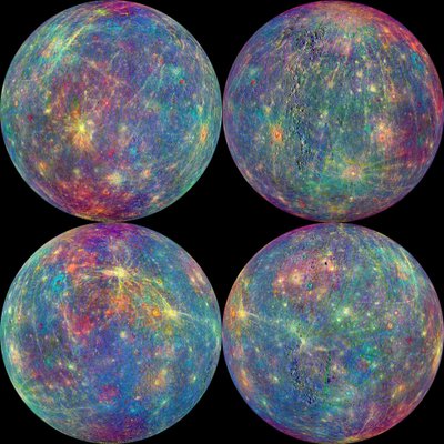 Šiuoje nuotraukų kombinacijoje atvaizduoti Merkurijaus atmosferos ir paviršiaus sudėties spektrometro MASCS, sumontuoto "Messenger" zonde, analizės duomenys. Spalvinimas buvo sukurtas planetos egzosferos ir paviršiaus tyrimams.