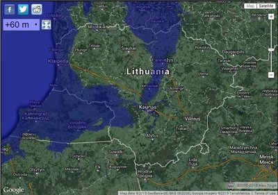 Taip atrodytų Lietuva, jeigu jūros lygis pakiltų 60 metrų (geology.com iliustr.)