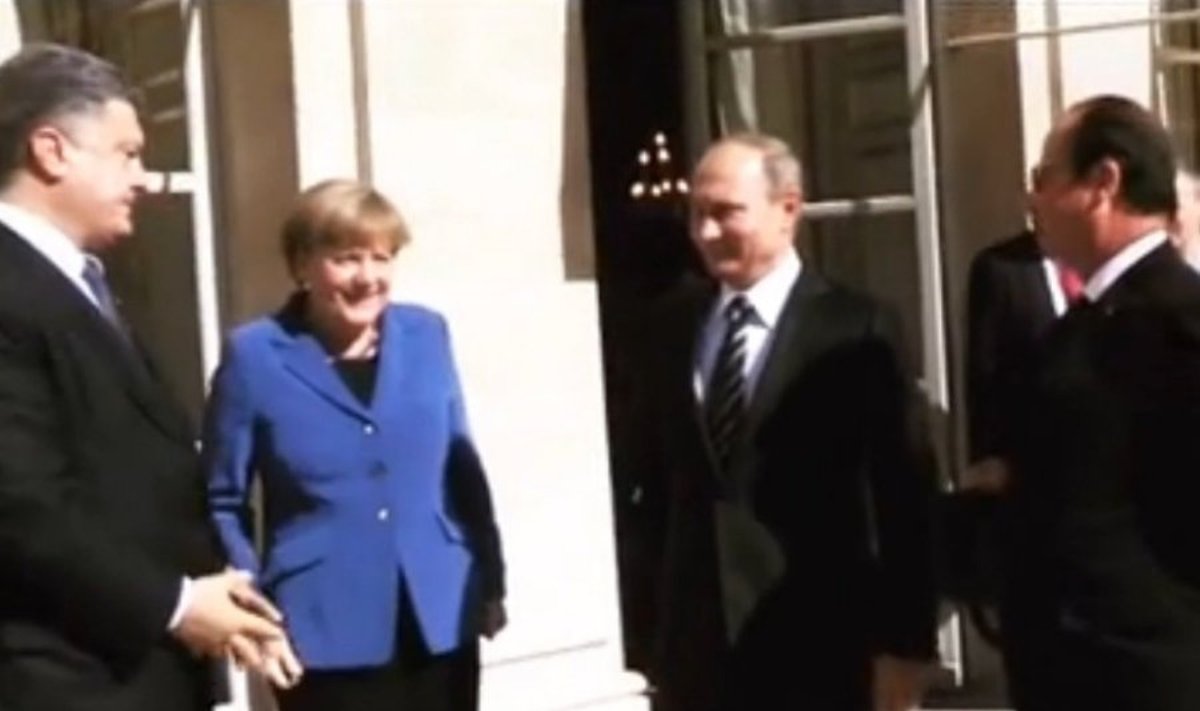 Petro Porošenka, Angela Merkel, Vladimiras Putinas, Francois Hollande'as