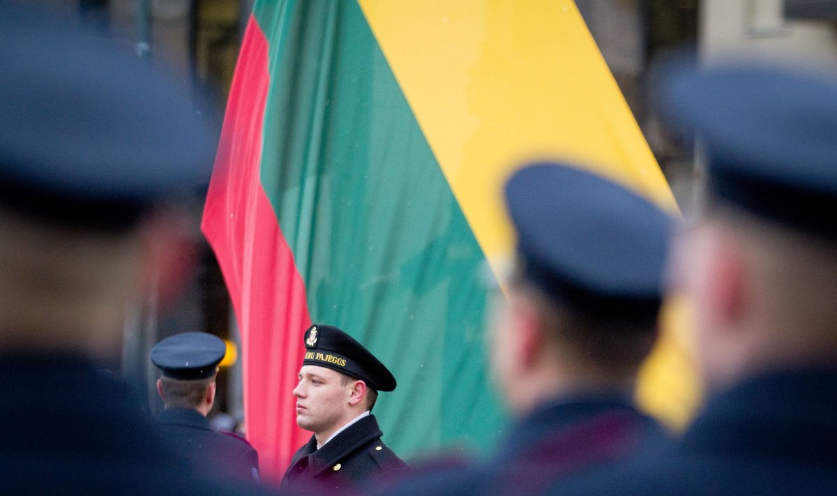 Soldier next to the Lithuanian flag