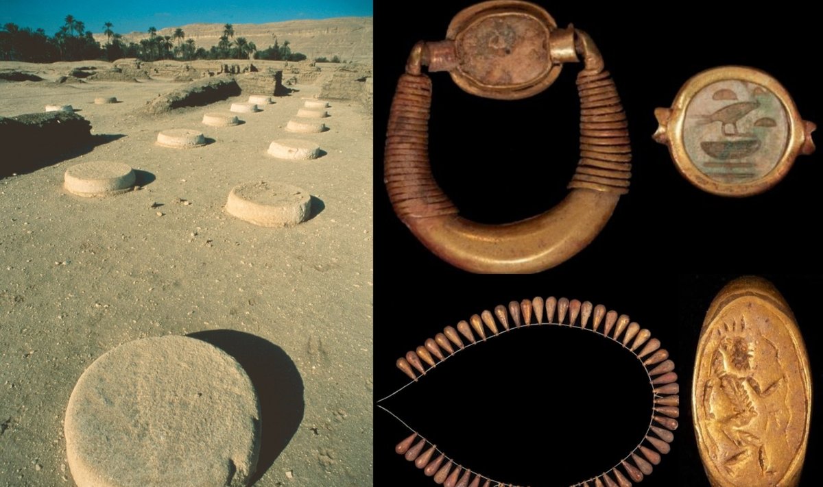 Tell el-Amarna vietovėje aptikti senovės Egipto elitui priklausiusios moters aukso dirbiniai. Ministry of Tourism and Antiquities/Scanpix nuotr.